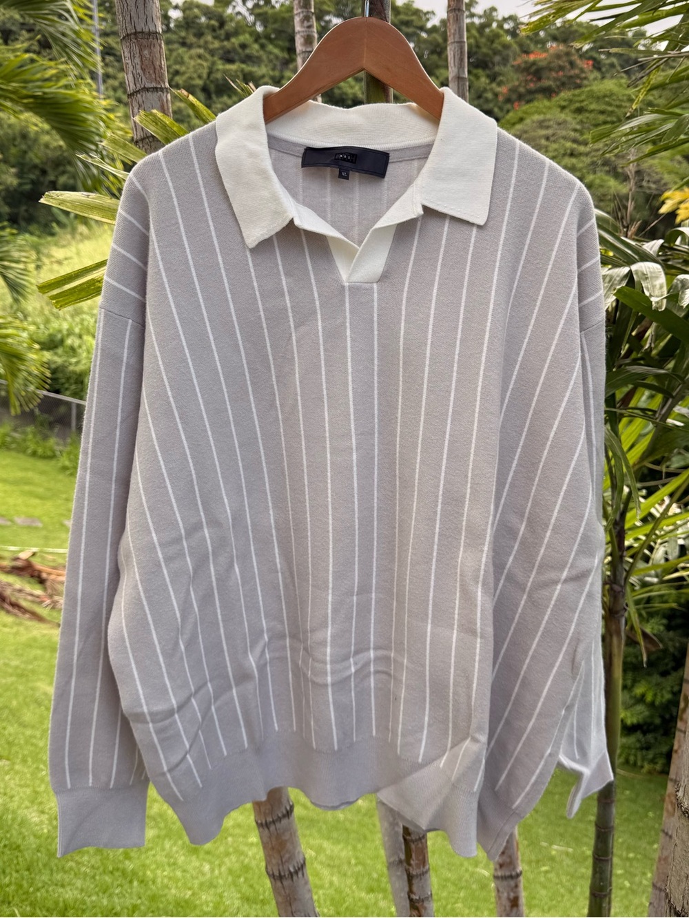 KITH 101 Collared Knit Polo - Light Gray with White Stripes